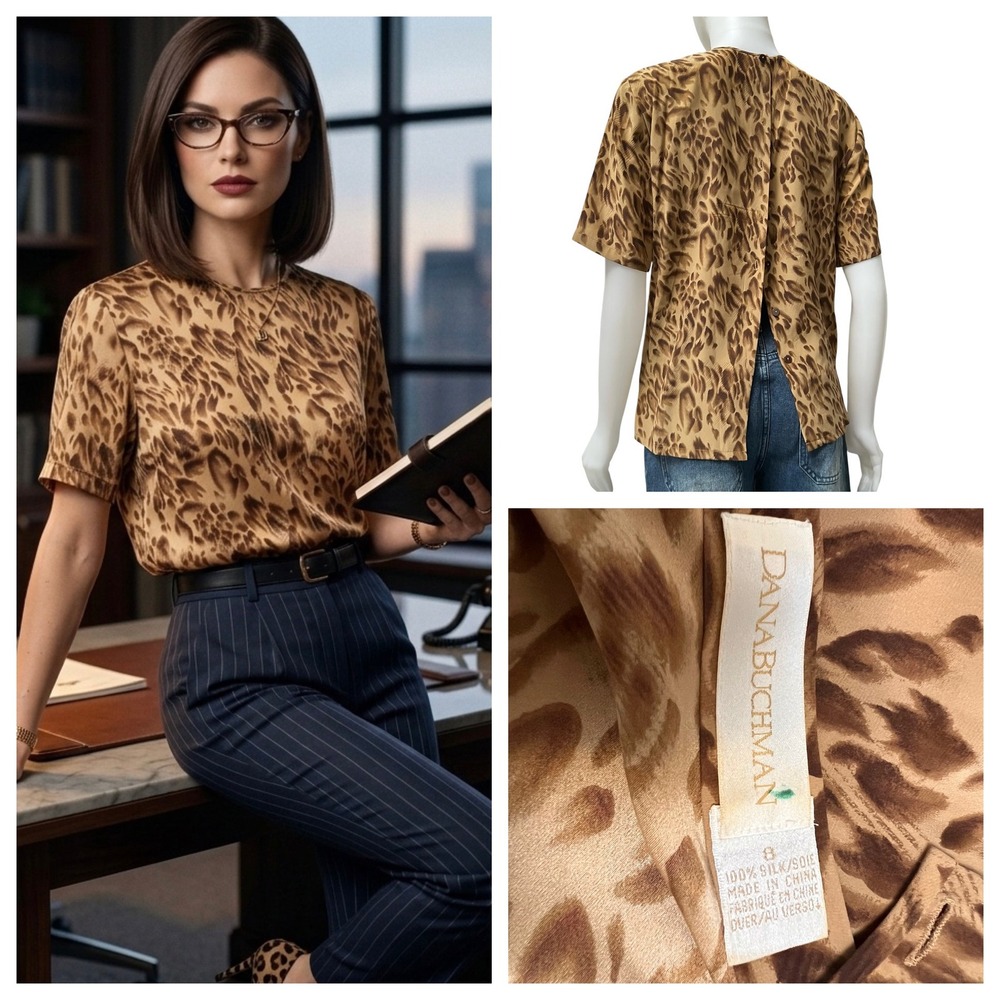 Vintage 90 Dana Buchman Silk Leopard Print Blouse Brown Office Siren Mob Wife 8